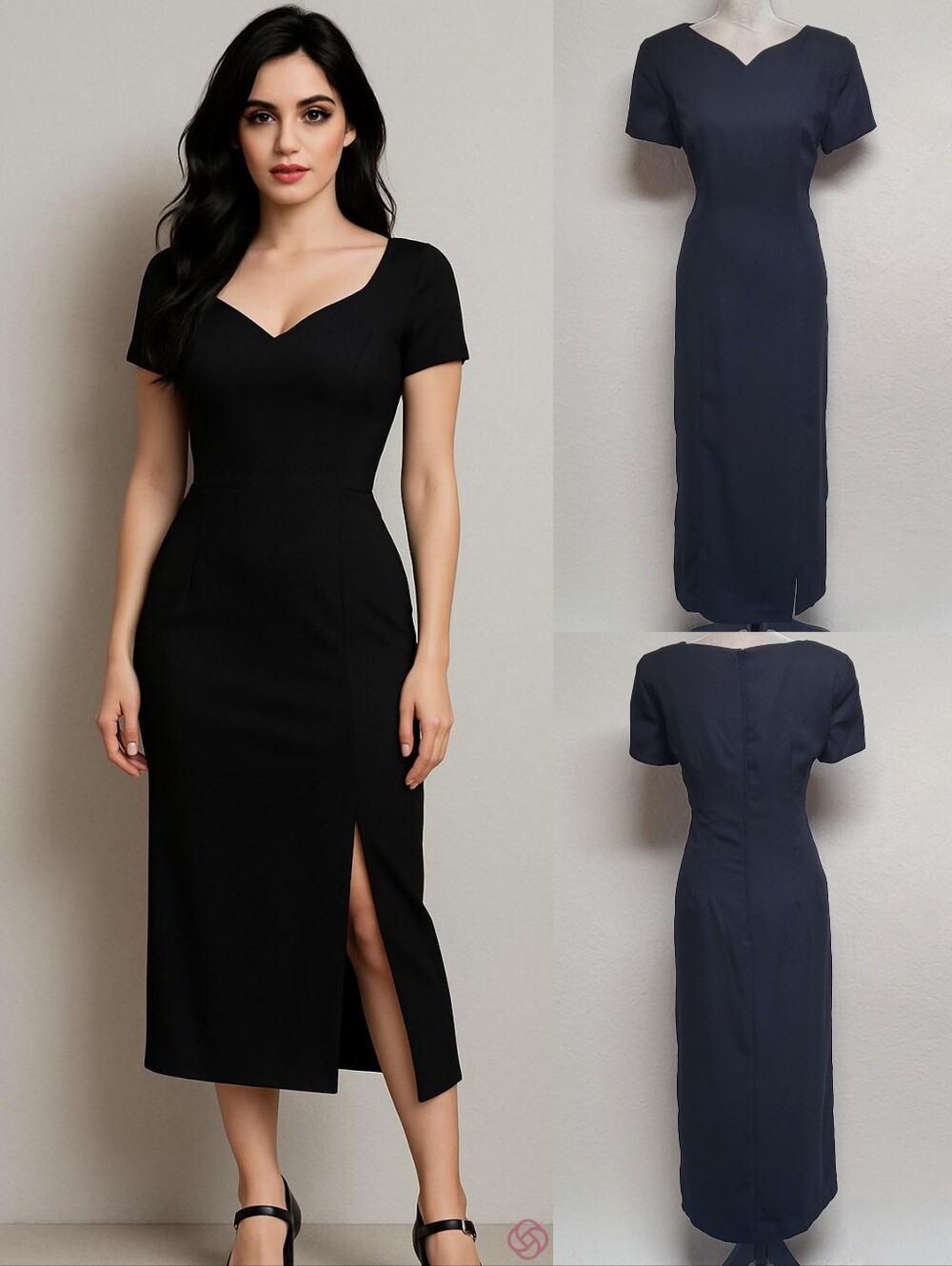Deadstock Vintage Sag Harbor Black Crepe Y V-neck Fitted Side Slit Midi Dress 10